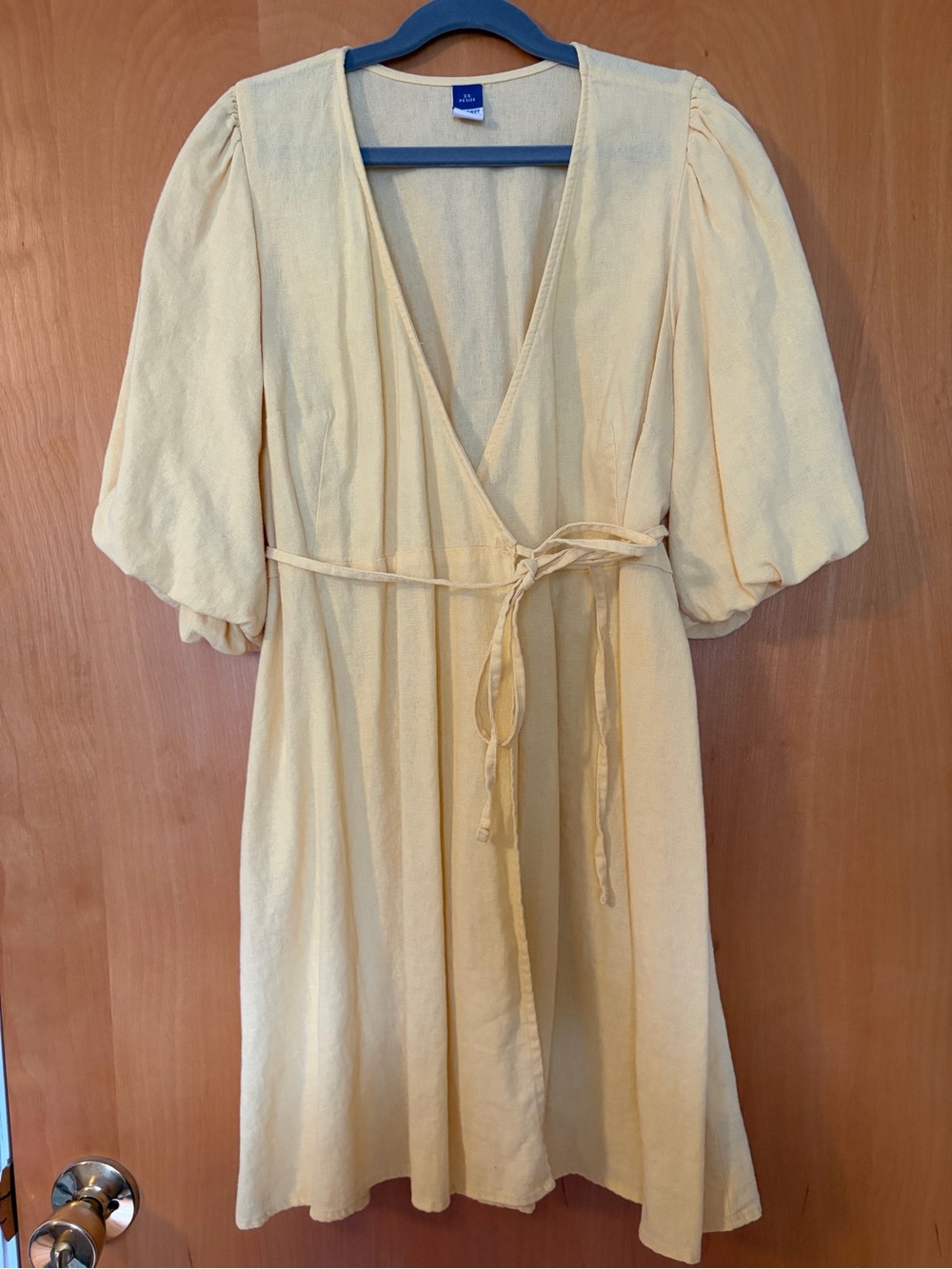 Old Navy Pale Yellow Wrap Mini Dress with Puff Sleeves